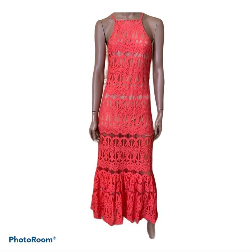 Love Fire coral lace crochet halter dress size M